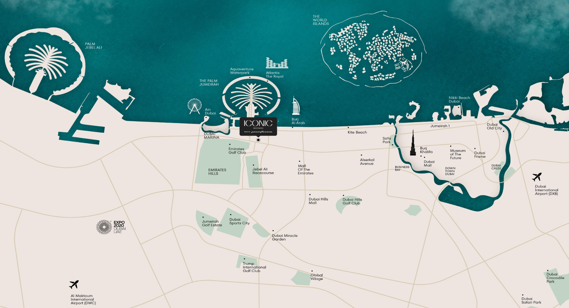 Map of Dubai showing Iconic Residences location near Palm Jumeirah