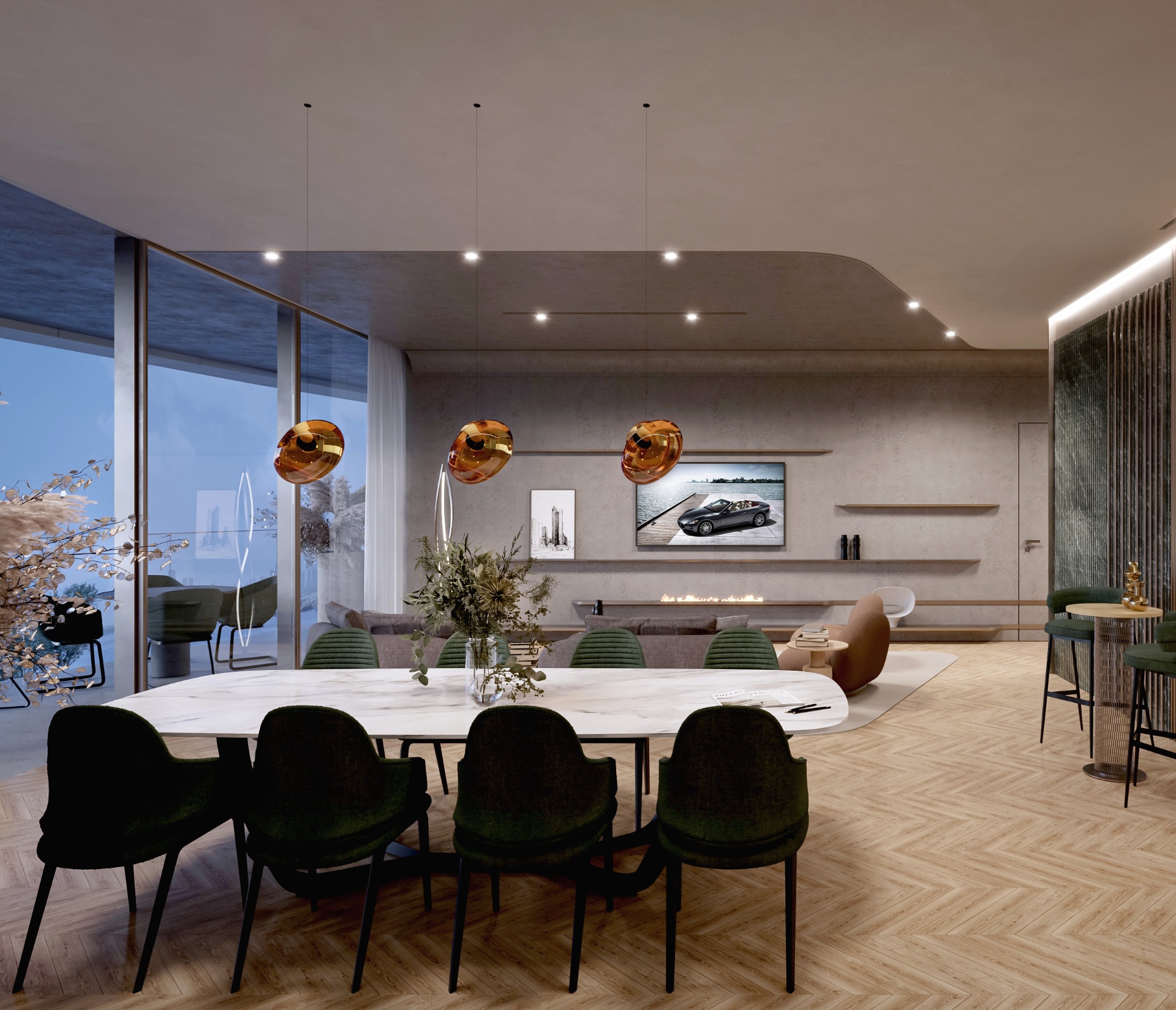 Formal dining area with herringbone parquet and statement lighting